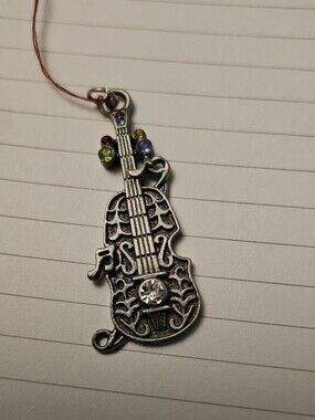Silver Tone Violin Pendant Necklace with Multi-Color Rhinestones